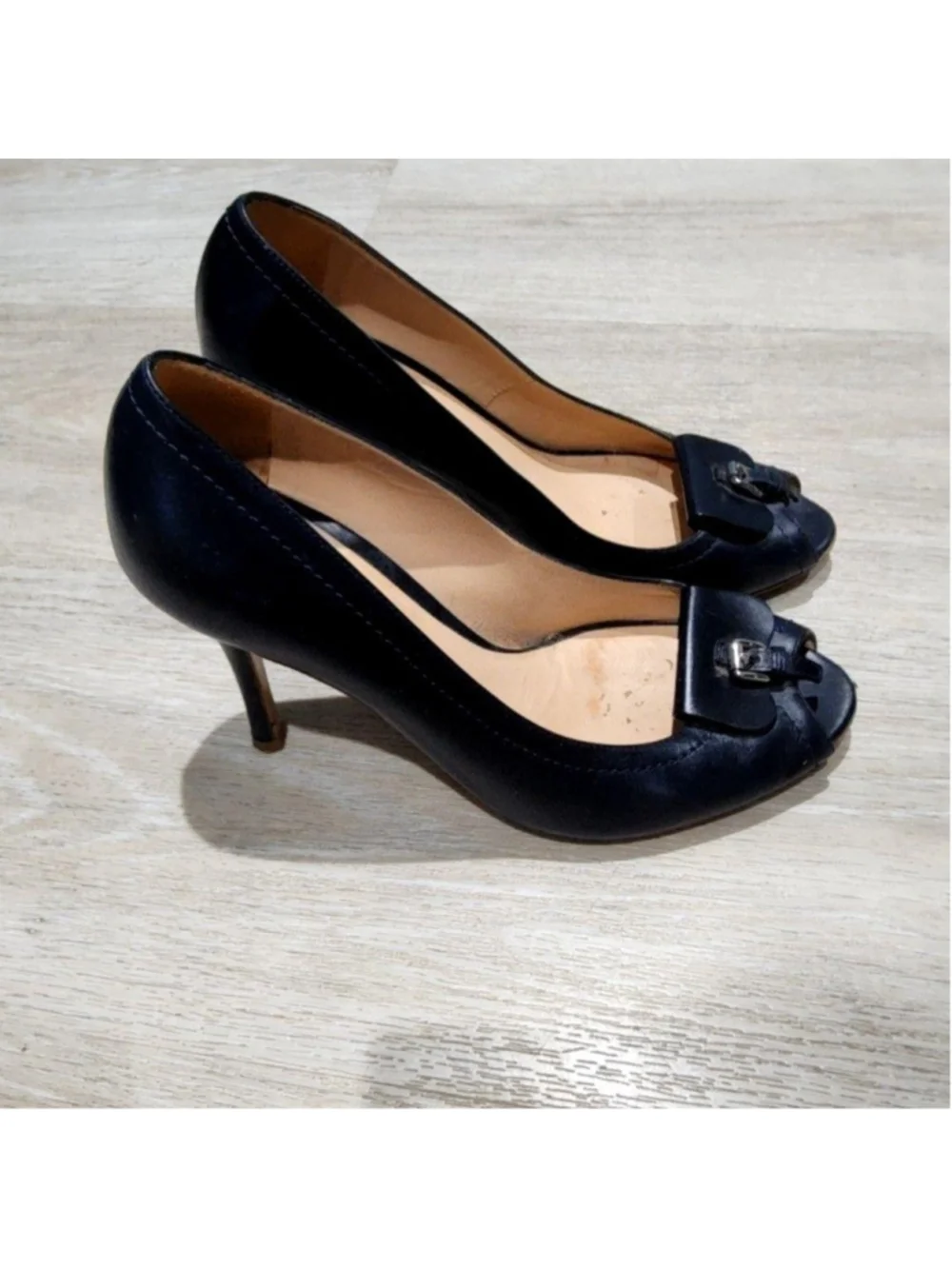 Longchamp Shoes Womens 7.5 Black Leather Peep Toe Buckle High Heel Pumps Italy
